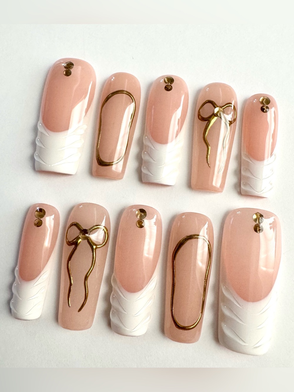 Nude Pink & White Press-On Nails with Gold Accents